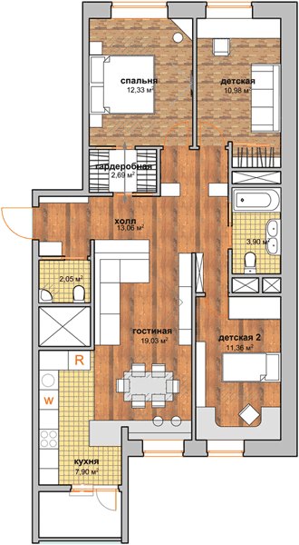 Планировка 4-комнатной квартиры в ЖК Лазаревском